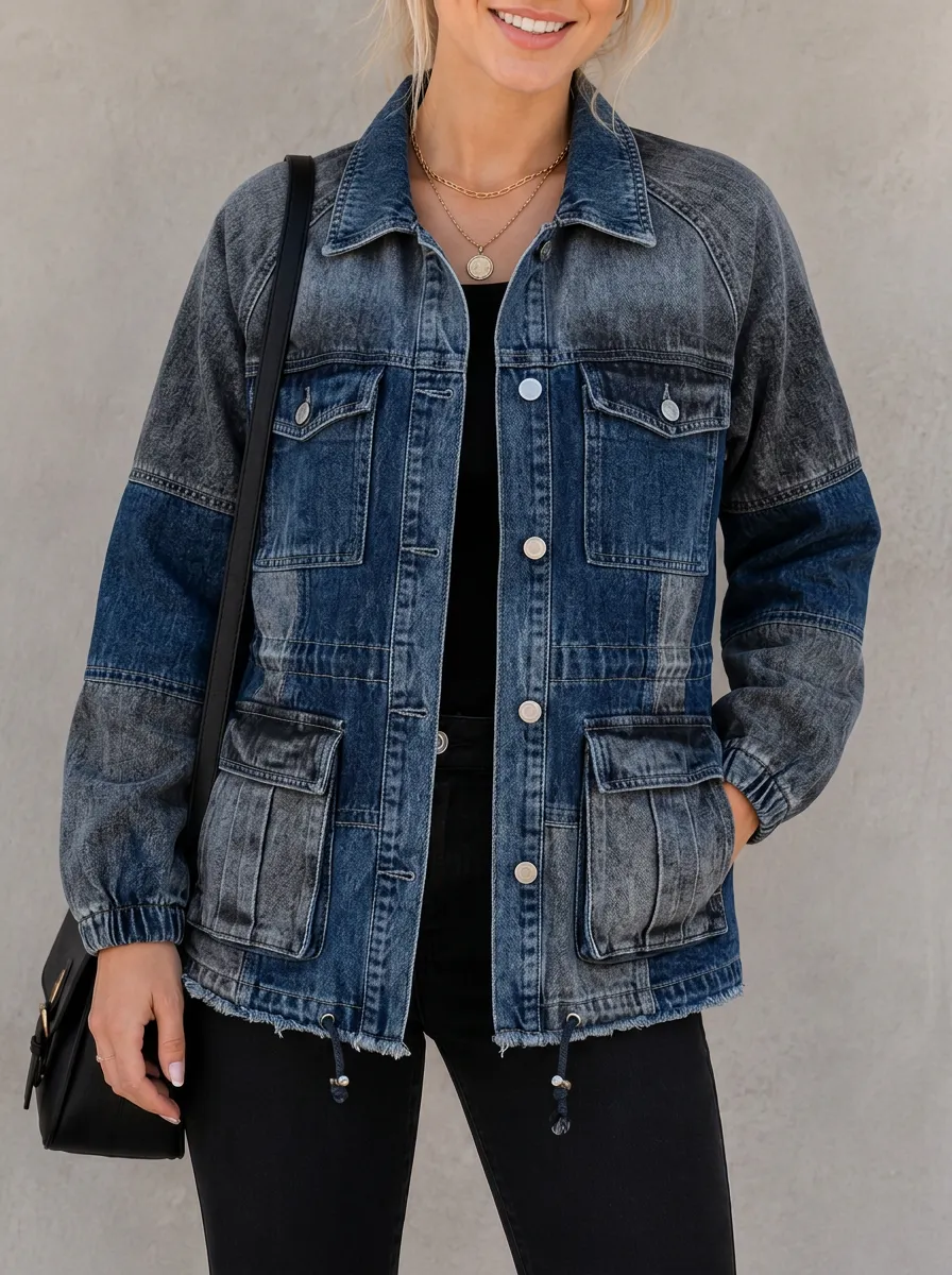 Women's Casual Fashion Colorblock Washed Denim Jacket