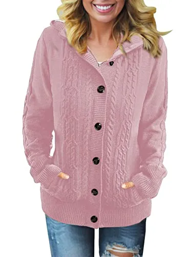 Women Hooded Knit Cardigans Button Cable Sweater Coat