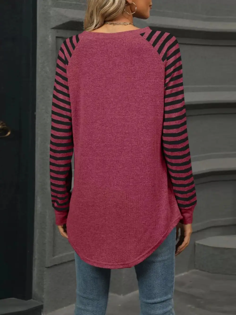 Striped Round Neck Raglan Sleeve T-Shirt