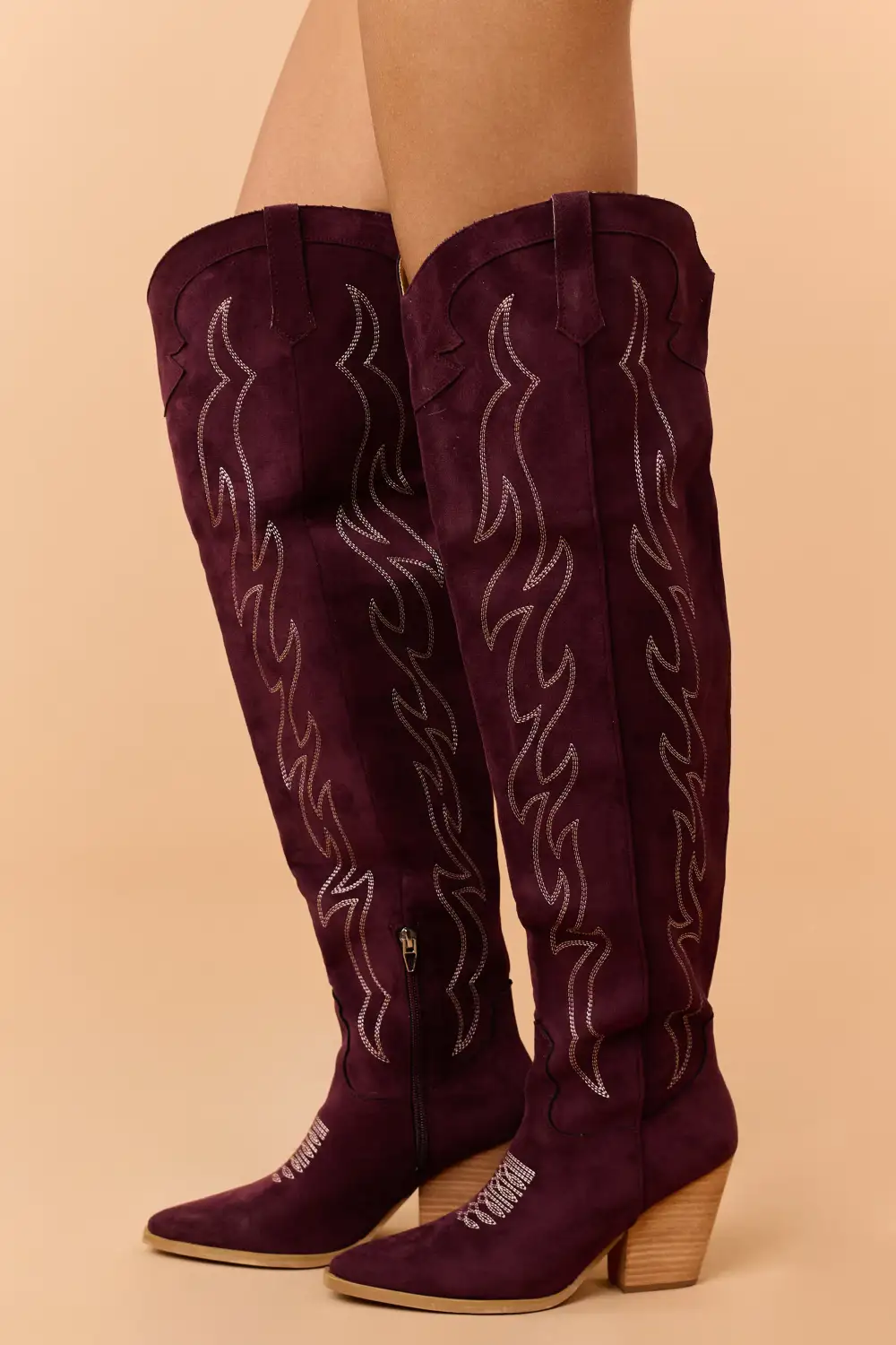 Wine Faux Suede Over Knee Embroidered Western Boots
