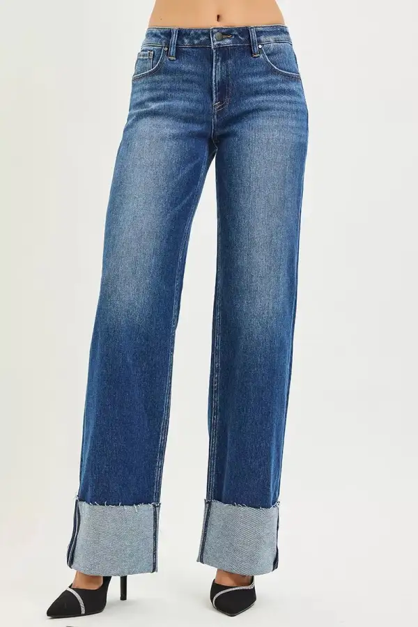 Mid-Rise Relaxed Raw-Hem Washed Wide Straight Jeans