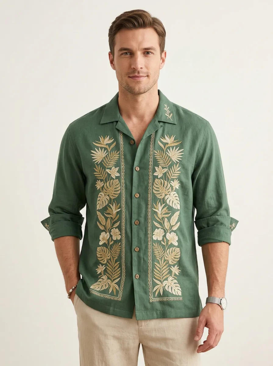 Men's Easygoing Botanical Embroidered Linen Shirt