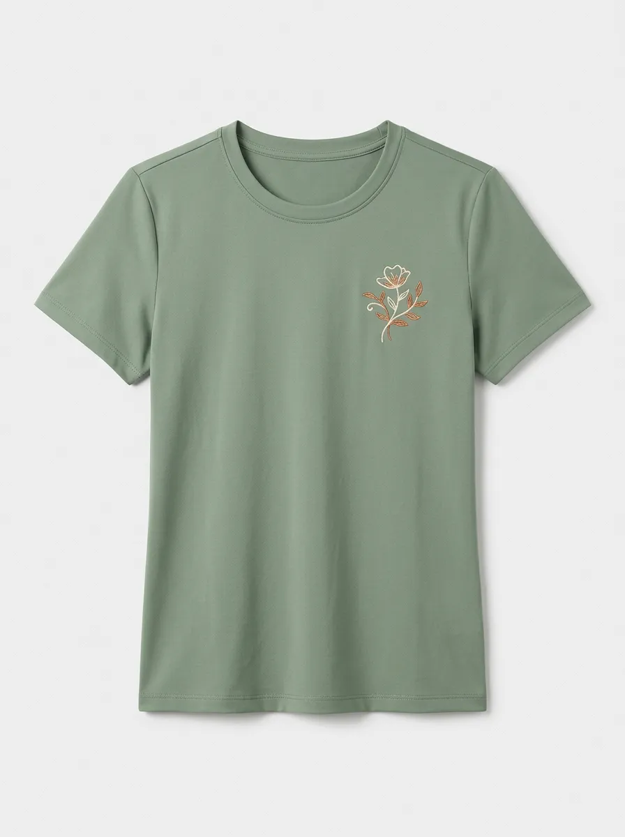 Women's Minimal Floral Embroidered Crewneck T-Shirt