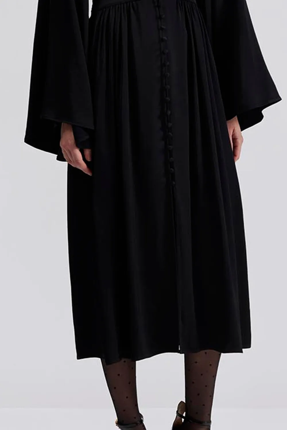 V Neck Button Front Midi Dress