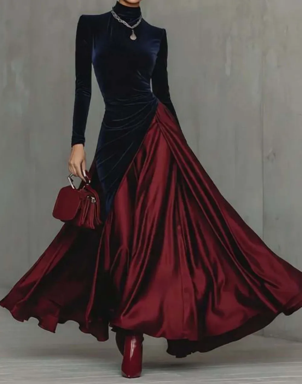 Velvet Satin Blocked Maxi Dress