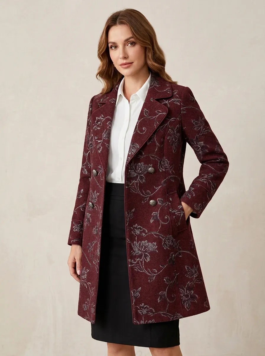 Women's Vintage Floral Pattern Dark Grey Printed Coat