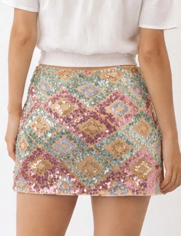 Boho Colorful Geometric Pattern Sequin Mini Skirt