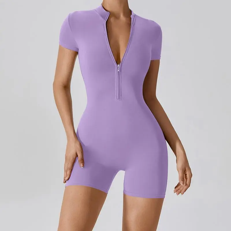 Women’s Solid Zipper Mock Neck Sports Romper – One-Piece Activewear for Yoga, Gym, and Running