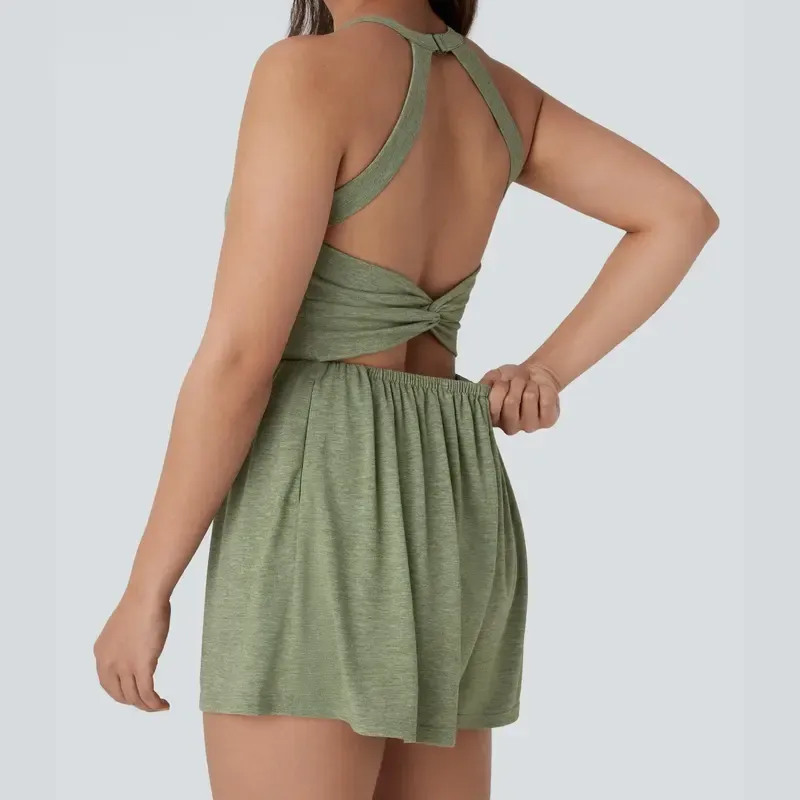 Women’s Backless Twisted Romper – 2-in-1 with Pocket