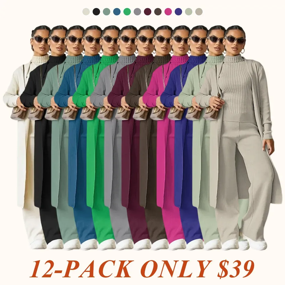 Trendy Knit Turtle Neck Tank & Wide Leg Trousers With Open-Front Long Cardigan Three-Piece Sets