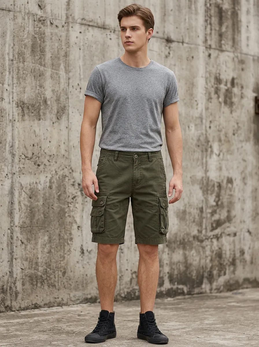 Men's Olive Green Multi-Pocket Cargo Shorts