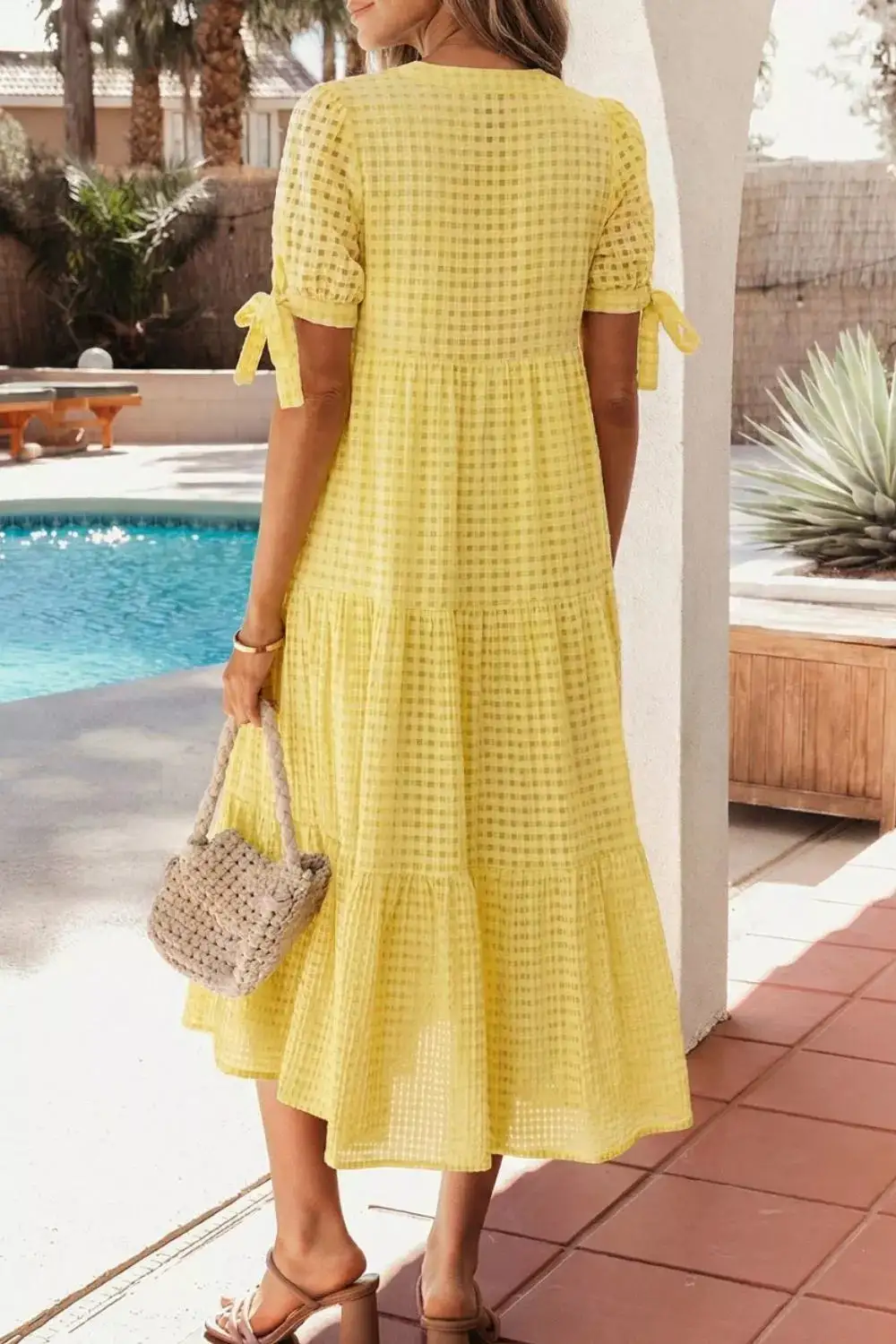 Plaid Tiered Short Sleeve Midi Dress