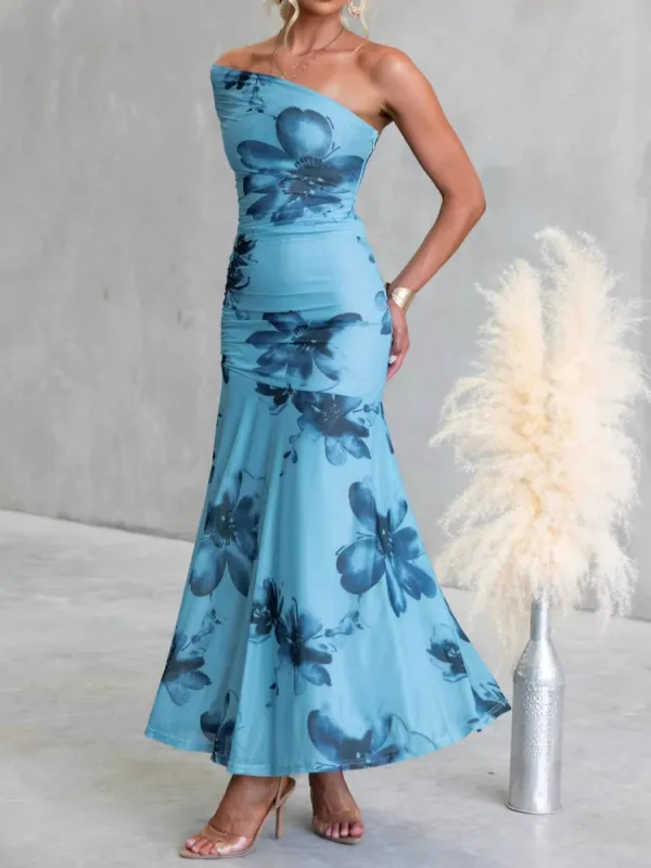 Relaxed Floral Print One Shoulder Ruched Maxi Dress