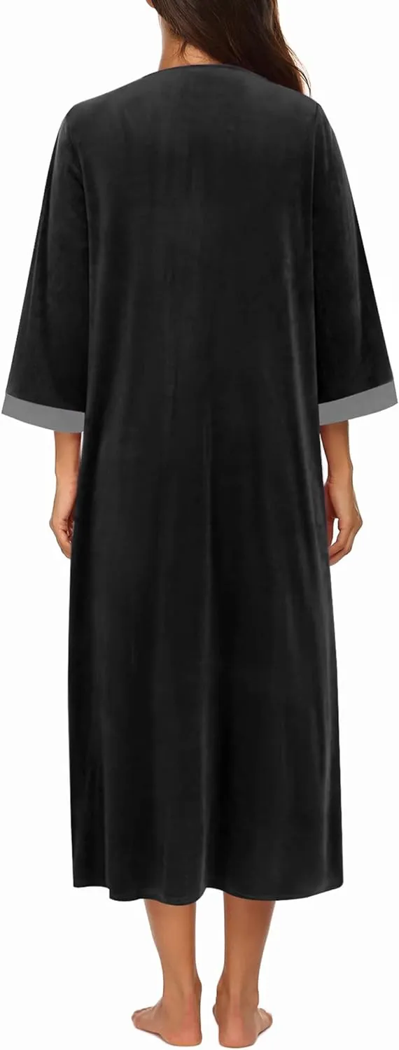50% OFF Women Zipper Robe 3/4 Sleeves Loungewear Dress Full Length Sleepwear Pockets Housecoat Nightgown Long Bathrobe