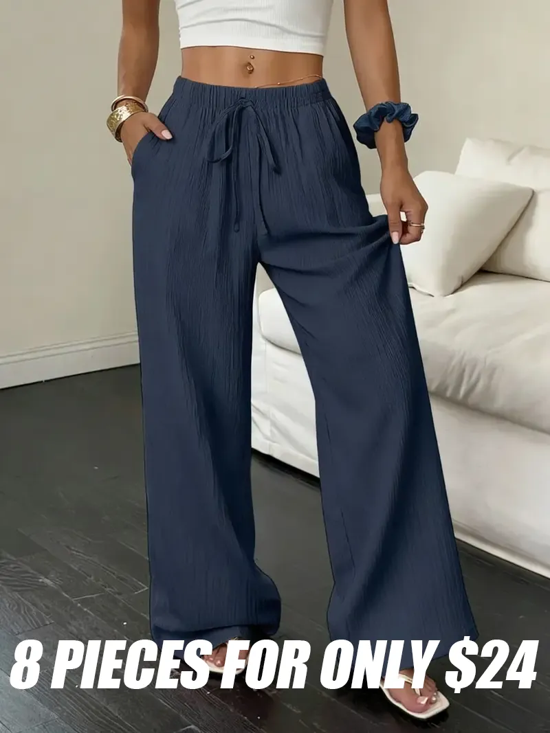 Women's loose casual wide-leg pants with solid color and drawstring waist