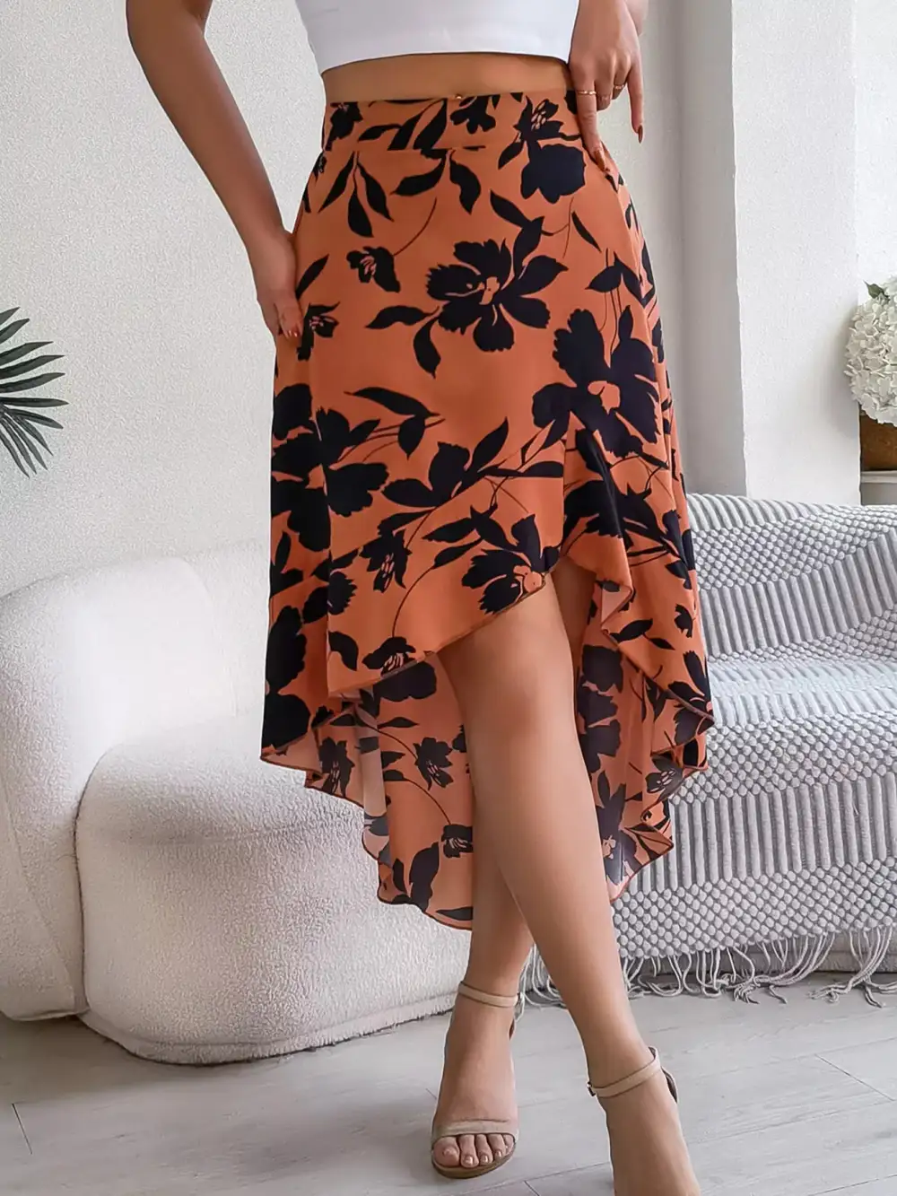 Print Ruffle Hem Asymmetrical Skirt