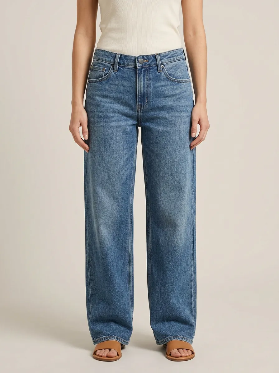 Women's Relaxed Faded Washed Wide-Leg Denim Jeans