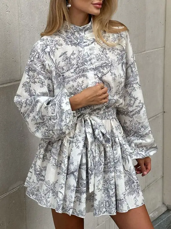 Relaxed Puff Sleeve Pleated Printed Split Joint Tied Waist Stand Collar