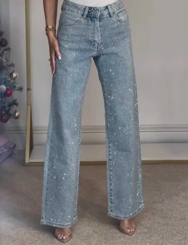 Rhinestone Button Pocket Straight Denim Pants