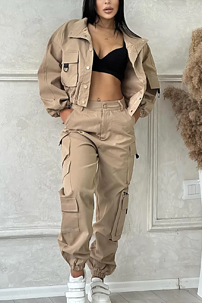 9PACK- Solid Color Pocket Jacket & Pants Two-piece Set