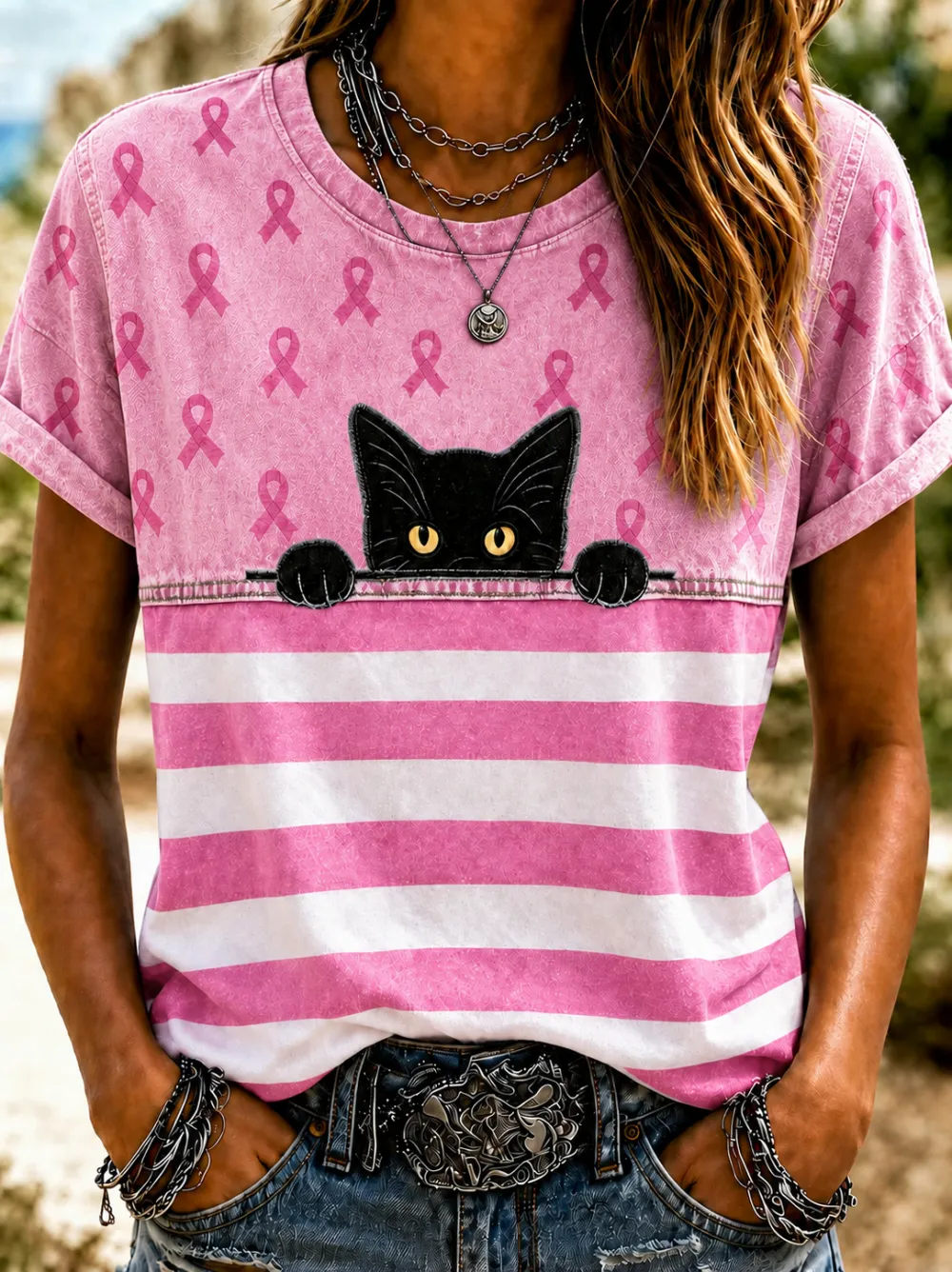 Women's Cute Cat Graphic Pink Striped T-Shirt