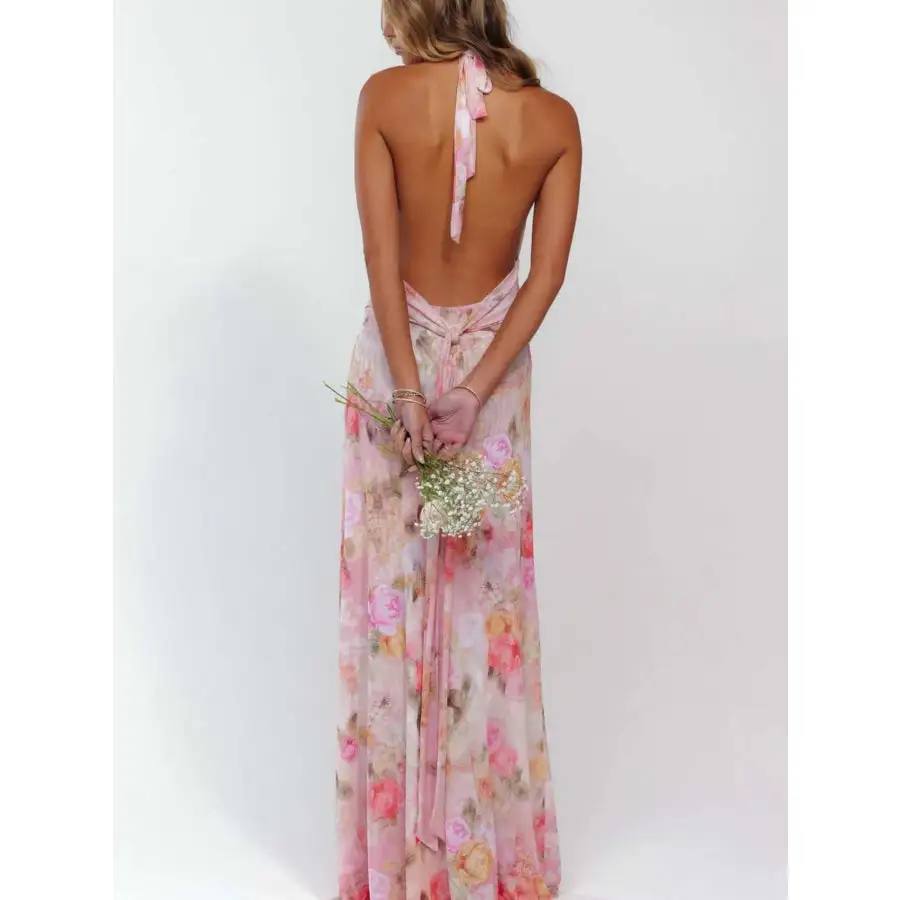 Floral Halter Neck Deep V Maxi Dress