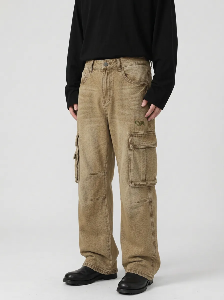 Men's Mid-Blue Embroidered Detail Wide-Leg Denim Cargo Pants