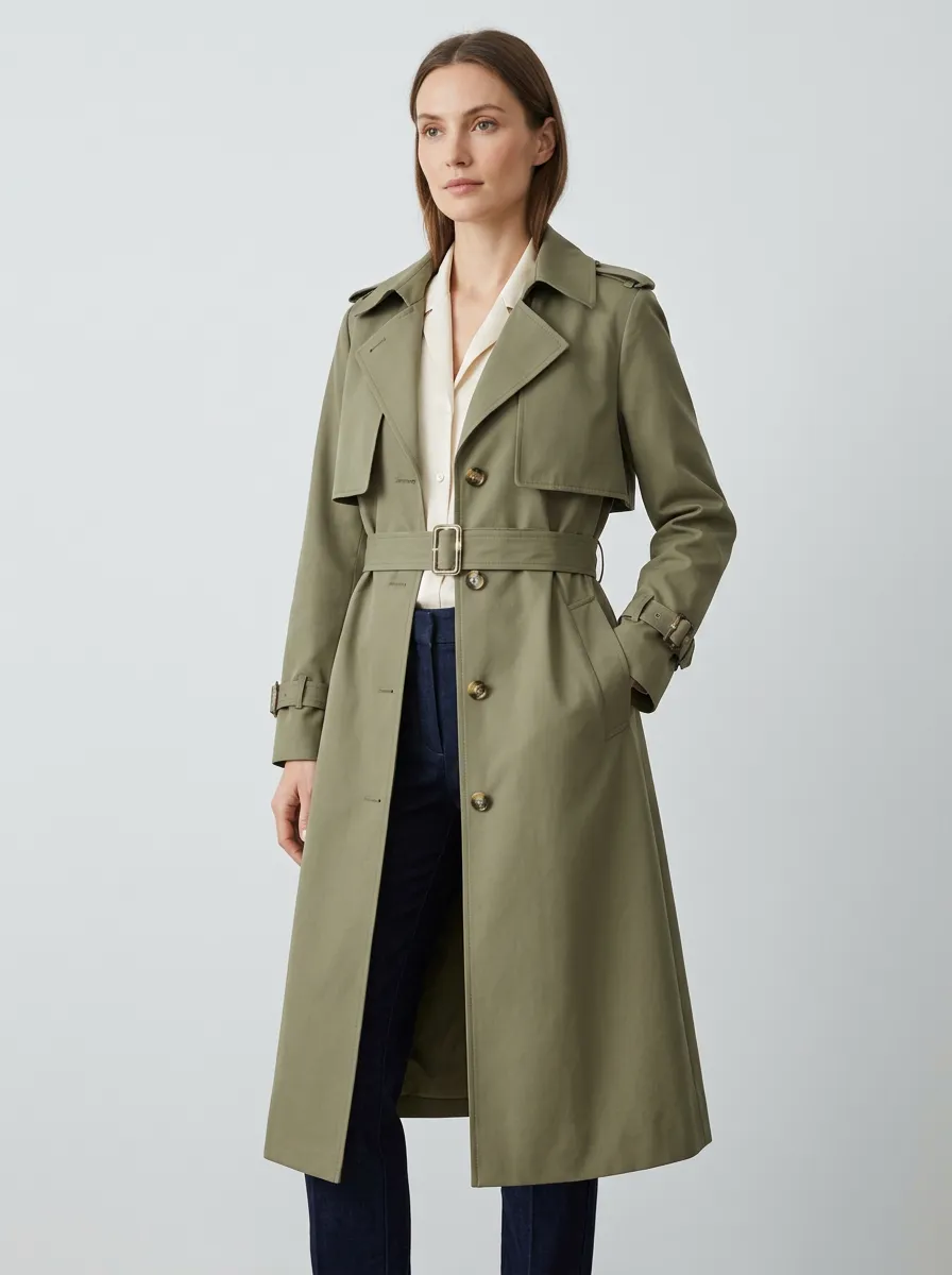 Women's Classic Olive Green Belted Long Trench Coat