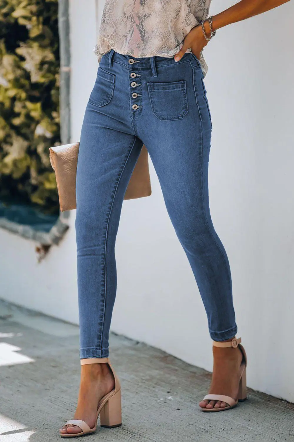 Skinny Button Denim Jeans