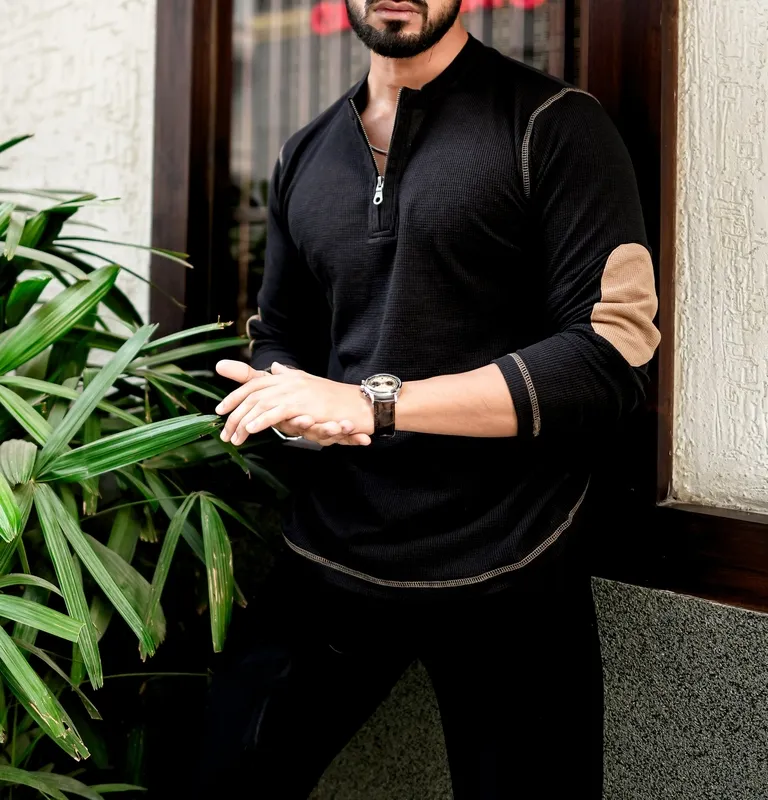 Black Contrast Collar Half-Zip Casual Shirt