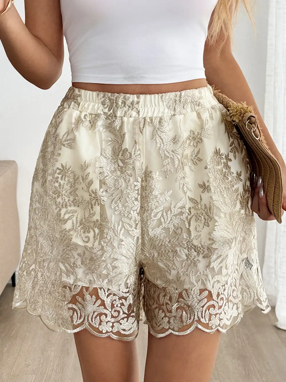 Everyday Elastic Waist Lace Trim Shorts