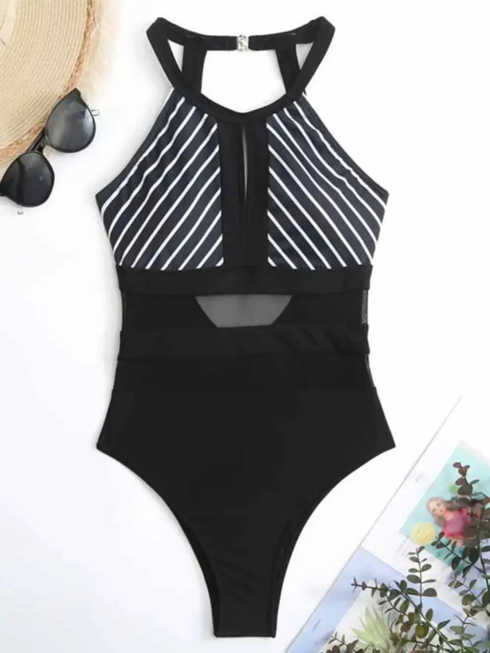 Mesh Detail Backless Striped One Piece Swimsuit