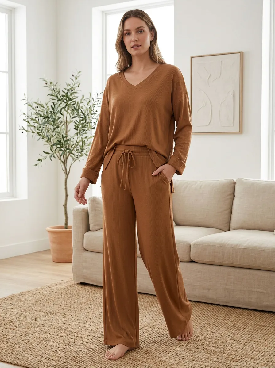 Women's Casual Homewear Ribbed Wide Leg Relaxed Set