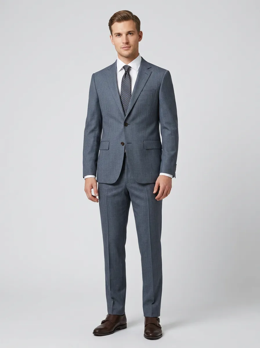 Men's Business Formal Blue Pinstripe Printed Suit