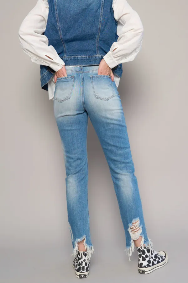 Women's High Rise Frayed Hem Ripped Girlfriend Rigid Denim Jeans