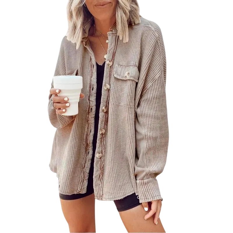 Women's Loose Fit Batwing Sleeve Waffle Knit Button Down Shirt