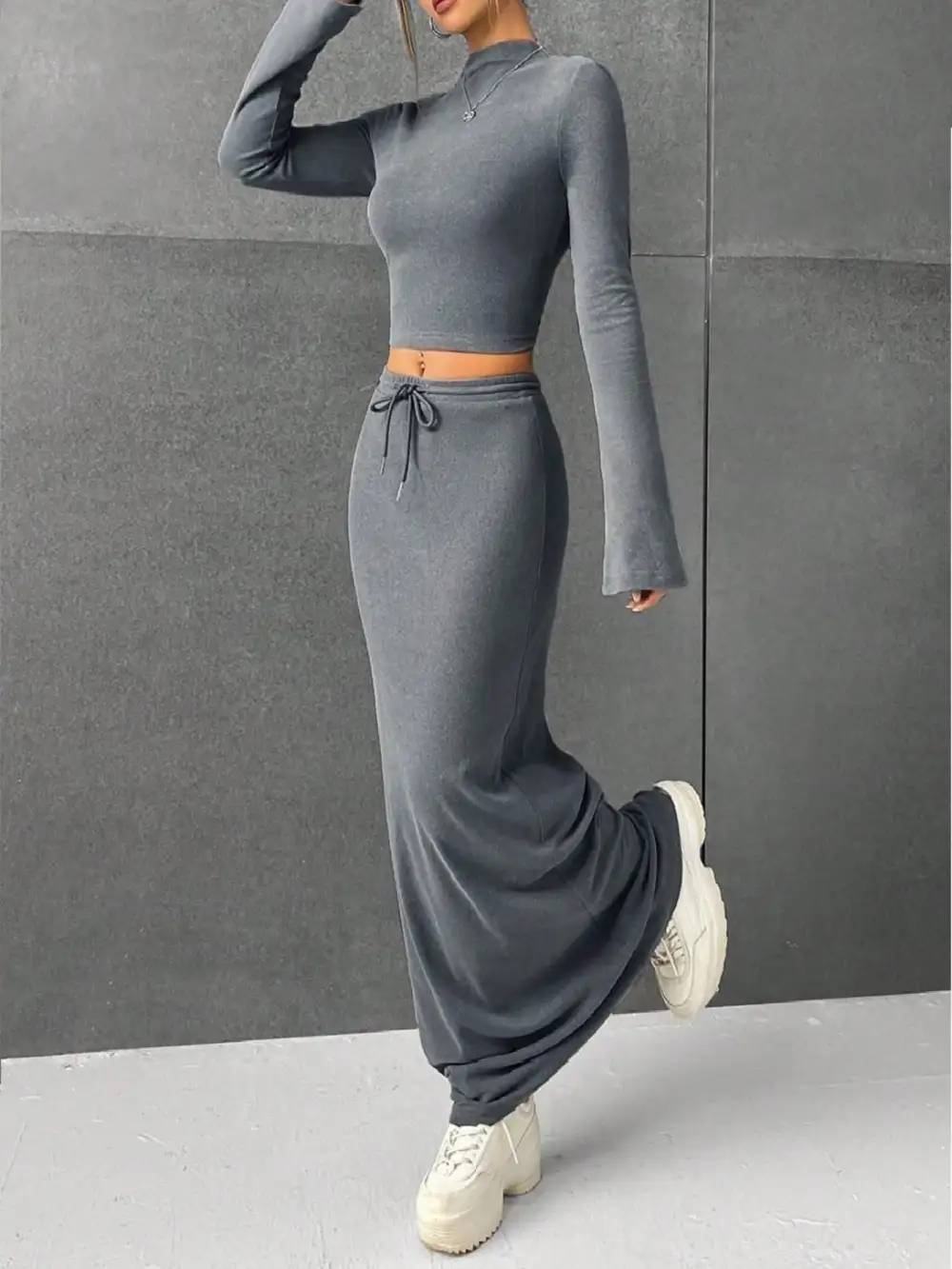 Long Sleeve Top & Drawstring Maxi Skirt Set
