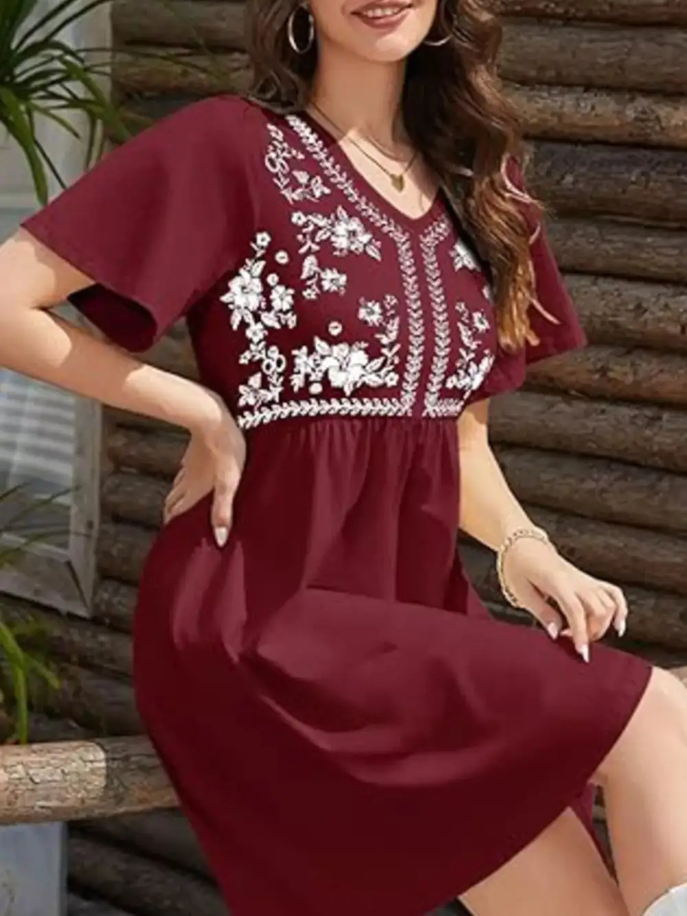 Floral V Neck Mini Dress