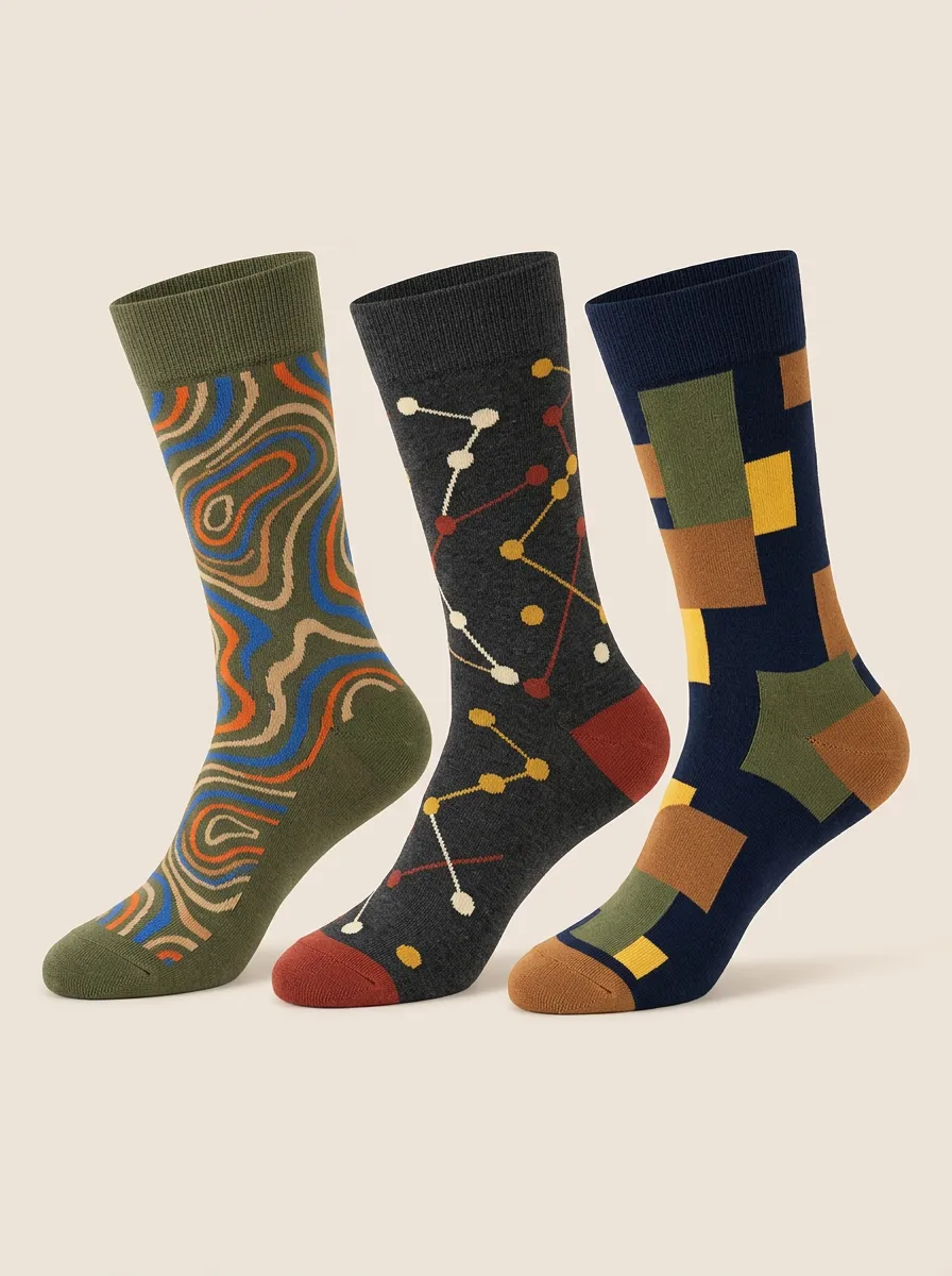 Men's Geometric Abstract Constellation Print 3-Pack Socks