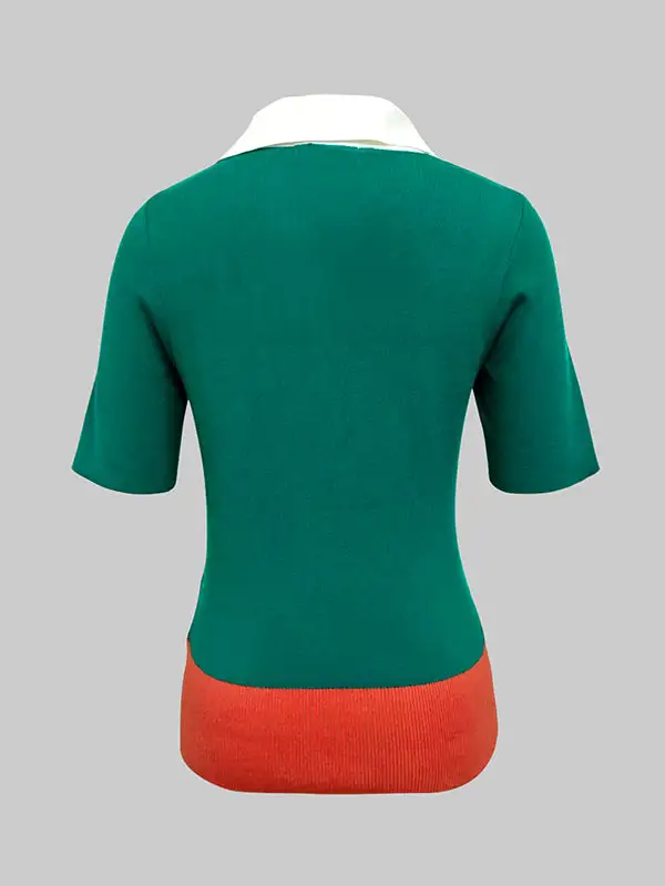 Short Sleeve Slim Fit Button Detail Contrast Lapel T-Shirt
