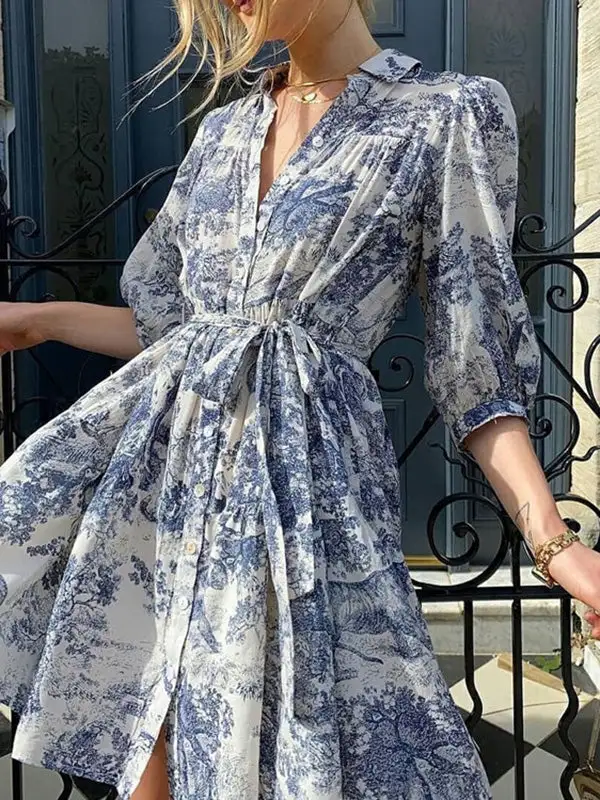 Relaxed Puff Sleeve Pleated Printed Split Joint Tied Waist Lapel Mini