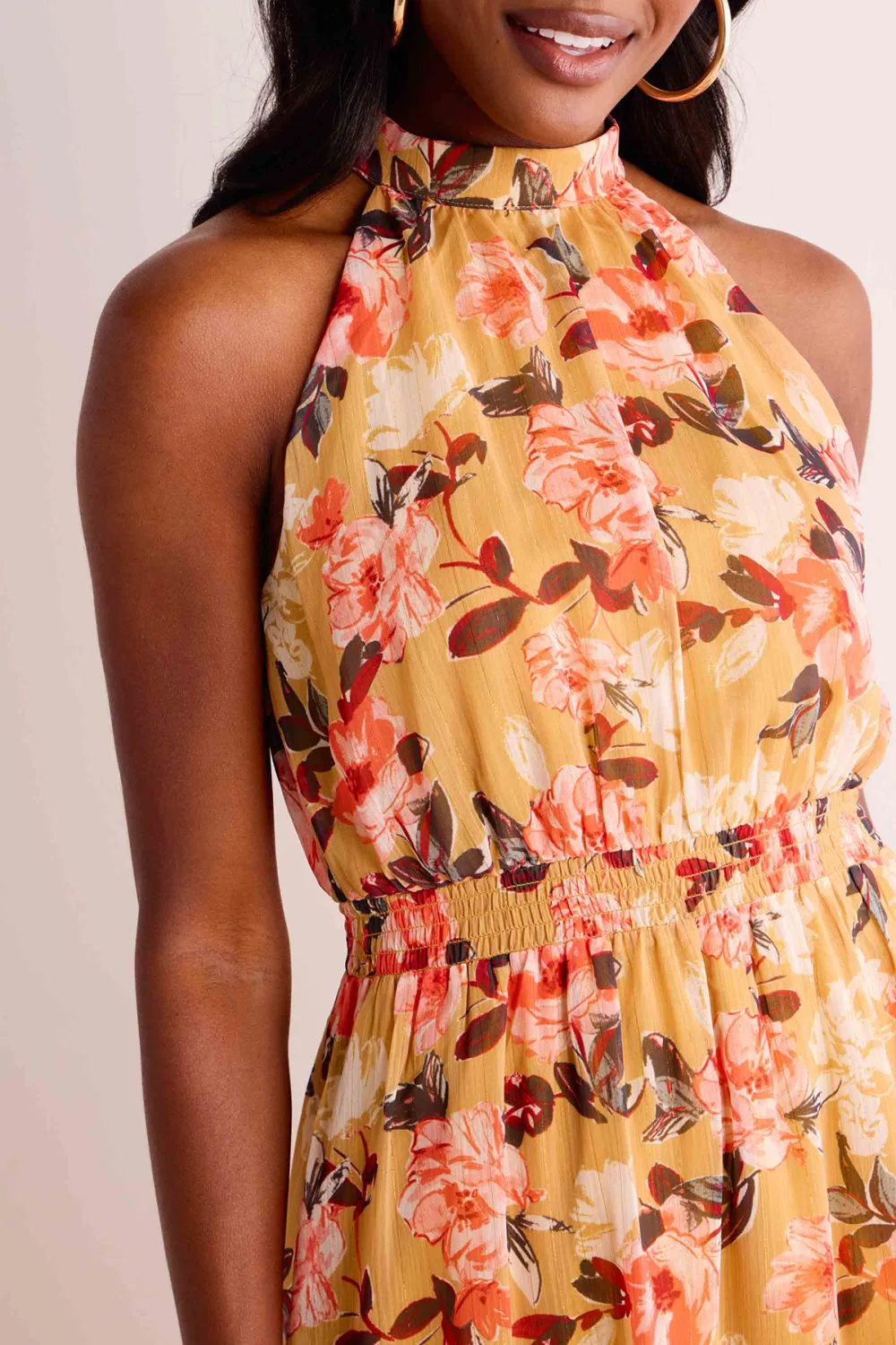 Yellow Floral Print Halter Neck Dress