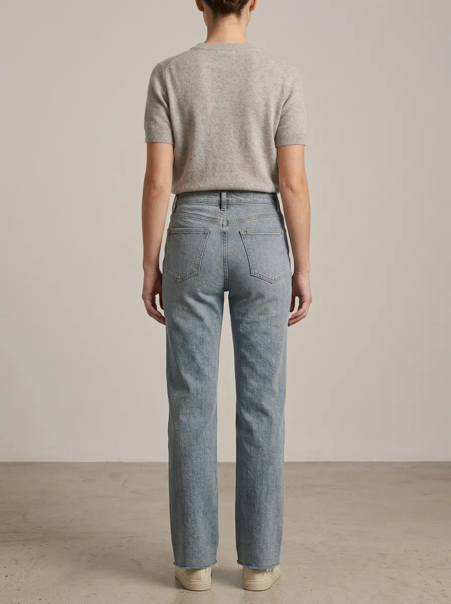 Polished Straight-Leg Raw-Hem Washed Denim Jeans