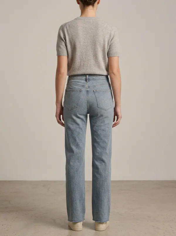 Polished Straight-Leg Raw-Hem Washed Denim Jeans