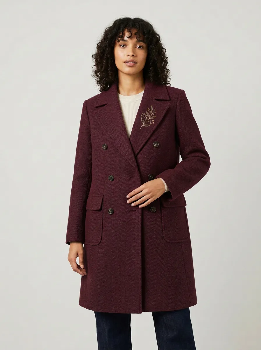 Women's Gold Leaf Branch Printed Double-Breasted Coat