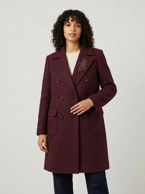 Women's Gold Leaf Branch Printed Double-Breasted Coat