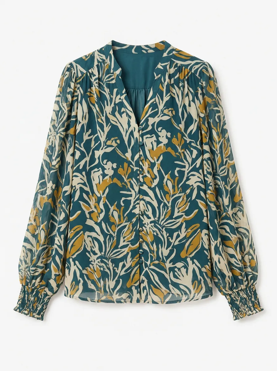 Women's Teal Abstract Floral Printed Button-Down Blouse