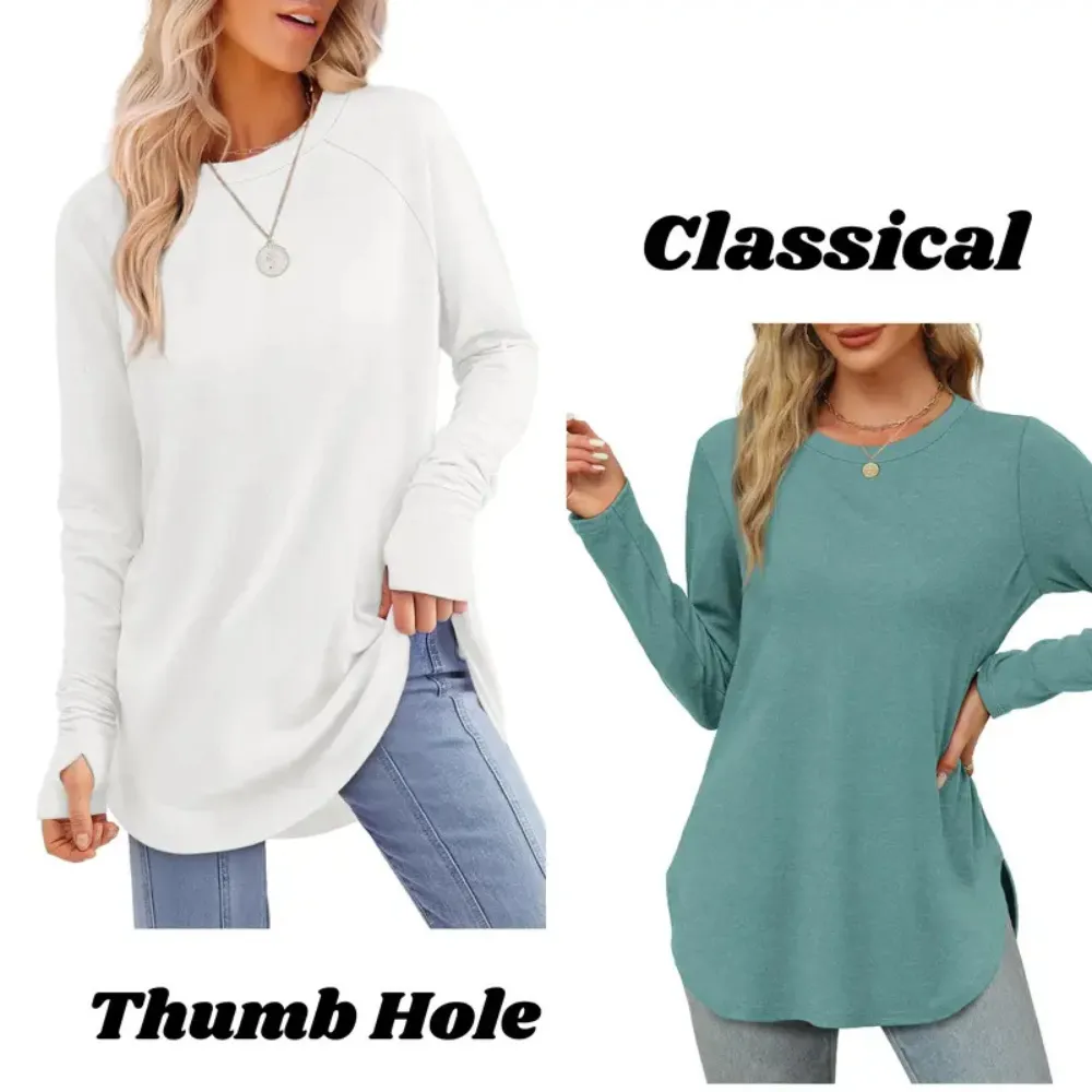 Womens Tunic Tops to Wear with Leggings Long Sleeve Thumb Hole Shirts Crew Neck Curved Hem