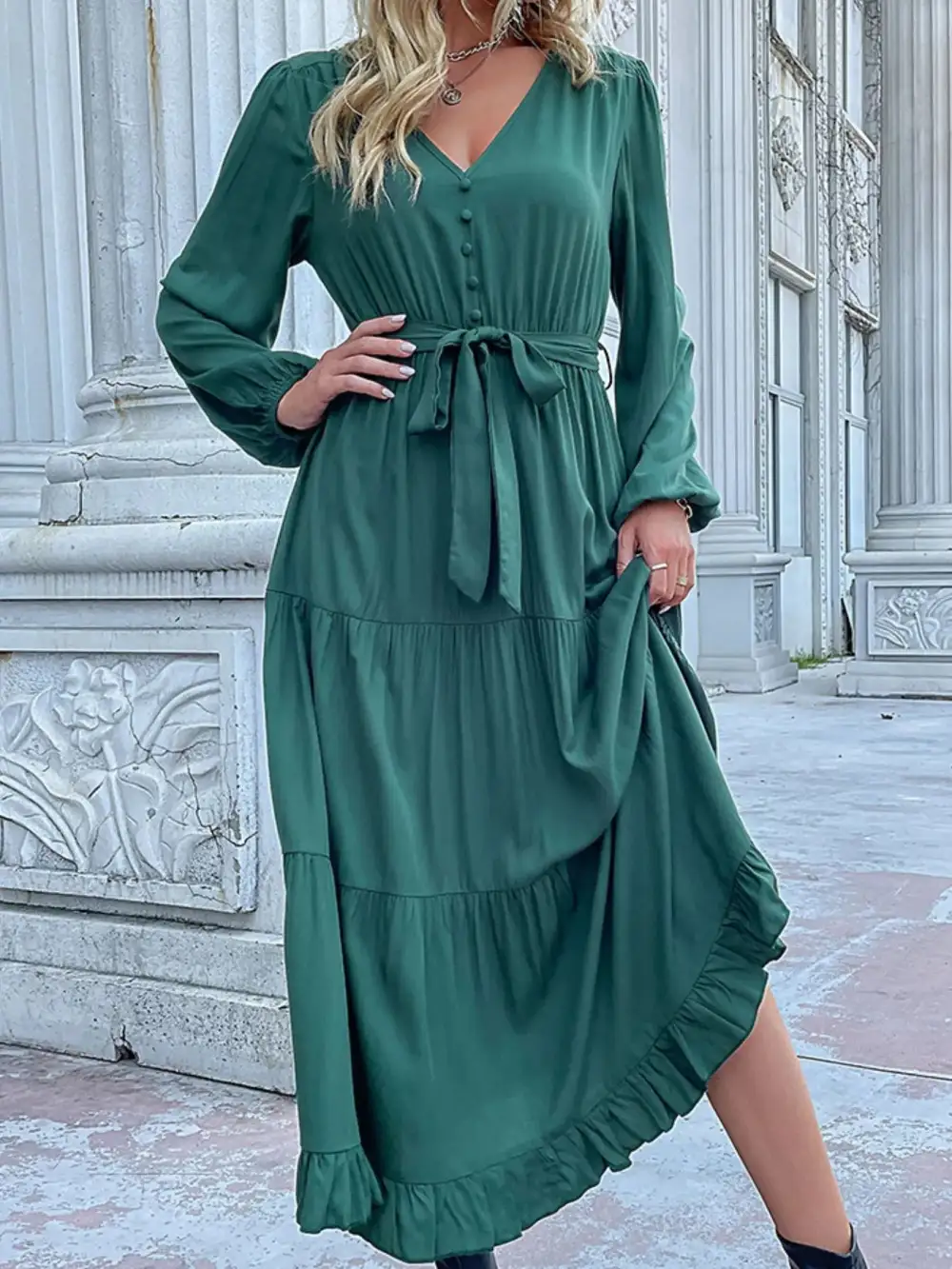 Smooth Finish V Neck Ruffle Dress