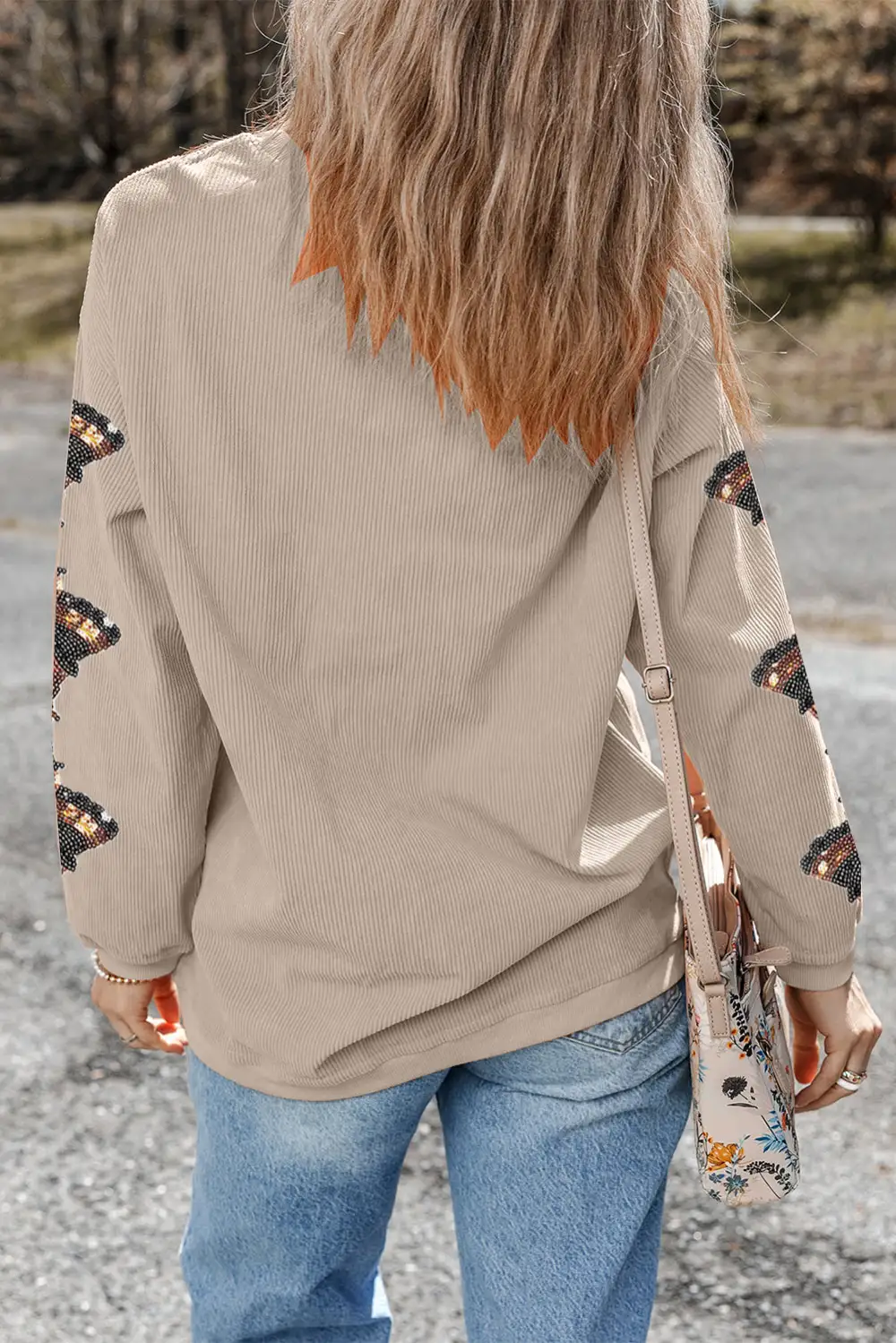 Relaxed Sequin Accent Patchwork Ribbed Sweatshirt
